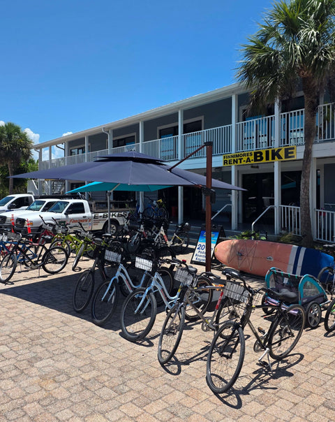 Bike rental fleet outside Finnimore's Cycle Shop at 2353 Periwinkle Way, Sanibel Island